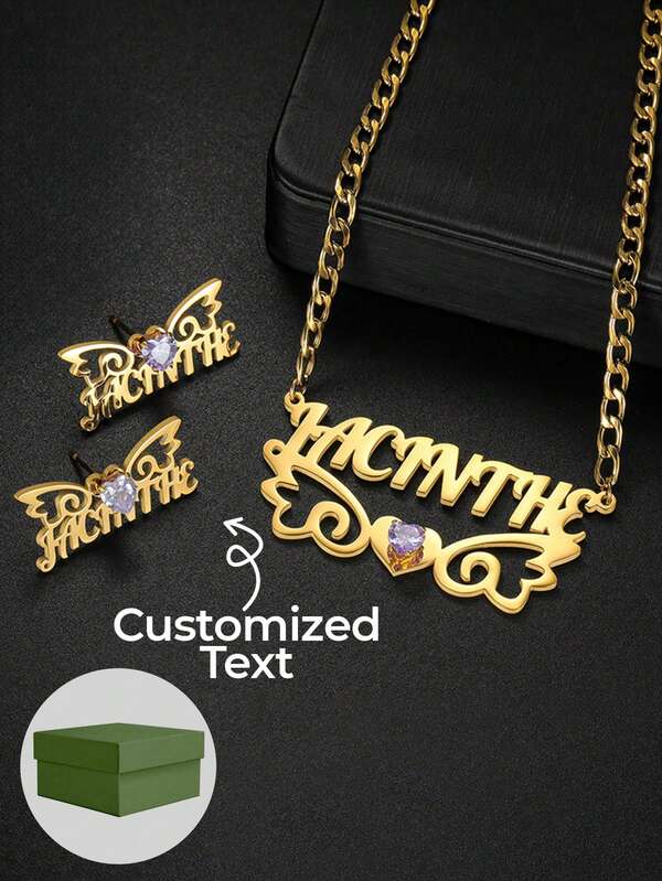 1SET Personalized Customized Wing Heart Set, Inlaid With Heart-Shaped Zirconia, Earring+Necklace Set, Stainless Steel Necklace Jewelry Set, Zirconia Inlay, Including Gift Box, As A Gift For Ramadan, Valentine's Day, And Mother's Day.