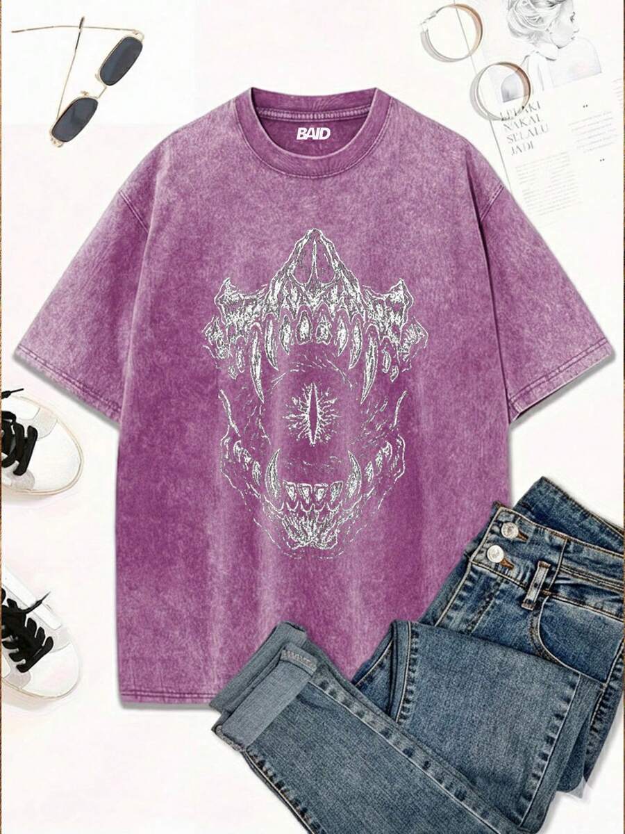 Stonewashed Streetwear T-Shirt With Mouth And Eyes, Dark Gothic, Women's, Emo, Gothic Fans, Street Fashion, Urban Culture, Unisex, Men's And Women's, 100% Cotton, Top Premium Streetwear, New Release, Immediate Shipping, Various Colors!! - 紫色 - 查看 1