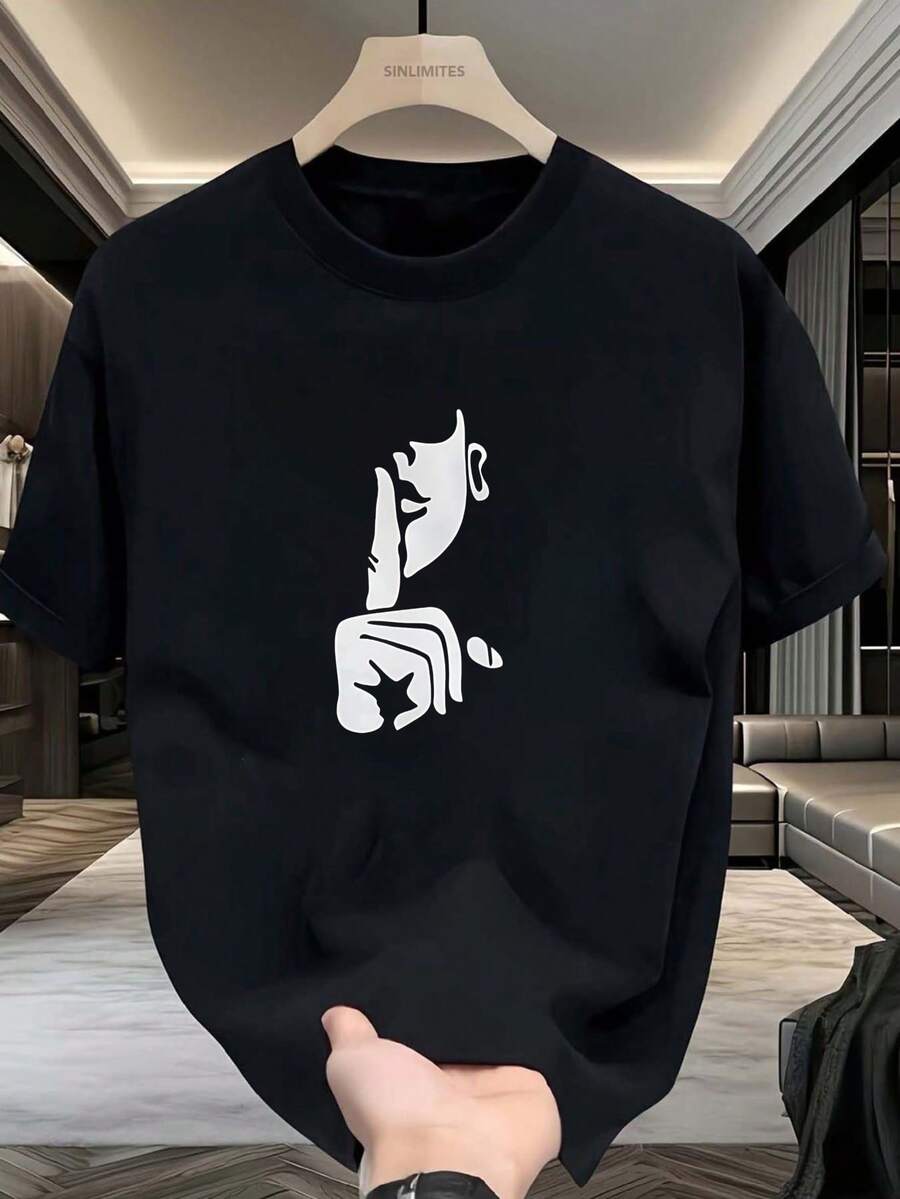 Camiseta negra de manga corta con estampado de manos y rostros blancos para uso informal - Negro - Ver 1