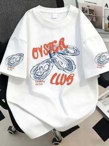 Plus Size Women's Summer Letter & Oyster Print Round Neck Short Sleeve Casual T-Shirt, Suitable For New Year, Holidays, Daily Wear, Outdoor, Beach, Party, School, Music Festival, Vacation, Commute - White - View 1