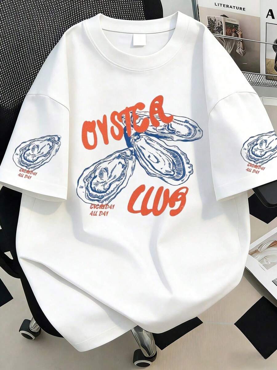 Plus Size Women's Summer Letter & Oyster Print Round Neck Short Sleeve Casual T-Shirt, Suitable For New Year, Holidays, Daily Wear, Outdoor, Beach, Party, School, Music Festival, Vacation, Commute - White - View 1
