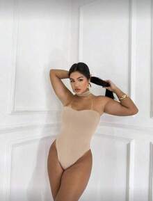 Strapless Bodysuit With High Neck, Shaping, Suspended Neckline, Versatile With Padded Cups - 杏色 - 查看 2