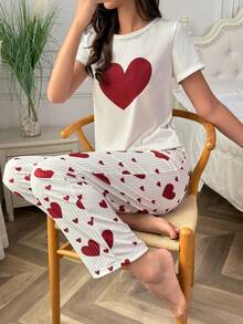 2pcs/Set Women's Heart Print Pajama Set, Short Sleeve Top And Long Pants, Spring/Summer - Red and White - View 4