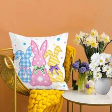 4 pièces Housses de coussin de Pâques minimalistes et de style dessin animé, avec des éléments de carreaux roses, de lapin, de carotte. Décoration printanière. Housses de coussin carrées en polyester imprimées sur un seul côté, avec fermeture éclair sans insert de coussin. Convient pour le canapé, le salon, la chambre, la décoration extérieure, le style campagnard. - Multicolore - Voir 5