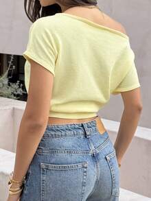 女士休闲黄色露肩针织上衣，适合度假、情人节及日常穿着 - 黃色 - 查看 2