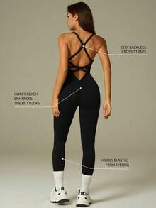 UONNOU 1pc Women's Sleeveless Backless Jumpsuit, Sports Bodysuit, Yoga Outfit, Casual Wear, Peach Hip Lifting, Waist Slimming, Full Body Shaping, Seamless Knit Soft Fabric, Tight Fit Sports Jumpsuit, Suitable For Outdoor Sports, Yoga, Running, Casual Daily Wear, Commute, Party, All Season, Spring/Summer - Black - View 4