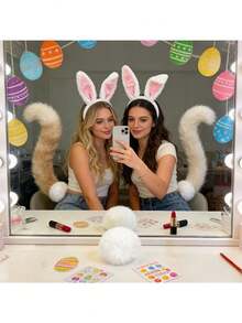 1个柔软蓬松的粉色兔子耳朵发箍，可爱适合复活节庆祝活动和主题派对，毛绒兔子耳朵发箍，复活节主题派对头饰，绒球耳朵发箍 - 彩色 - 查看 7