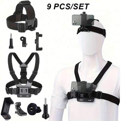 Kit de correa de montaje en el pecho y correa de montaje en la cabeza - Accesorios de clip para teléfono, soporte para cámara deportiva - Adecuado para actividades al aire libre como viajes, pesca, ciclismo, esquí, skateboarding, etc.
