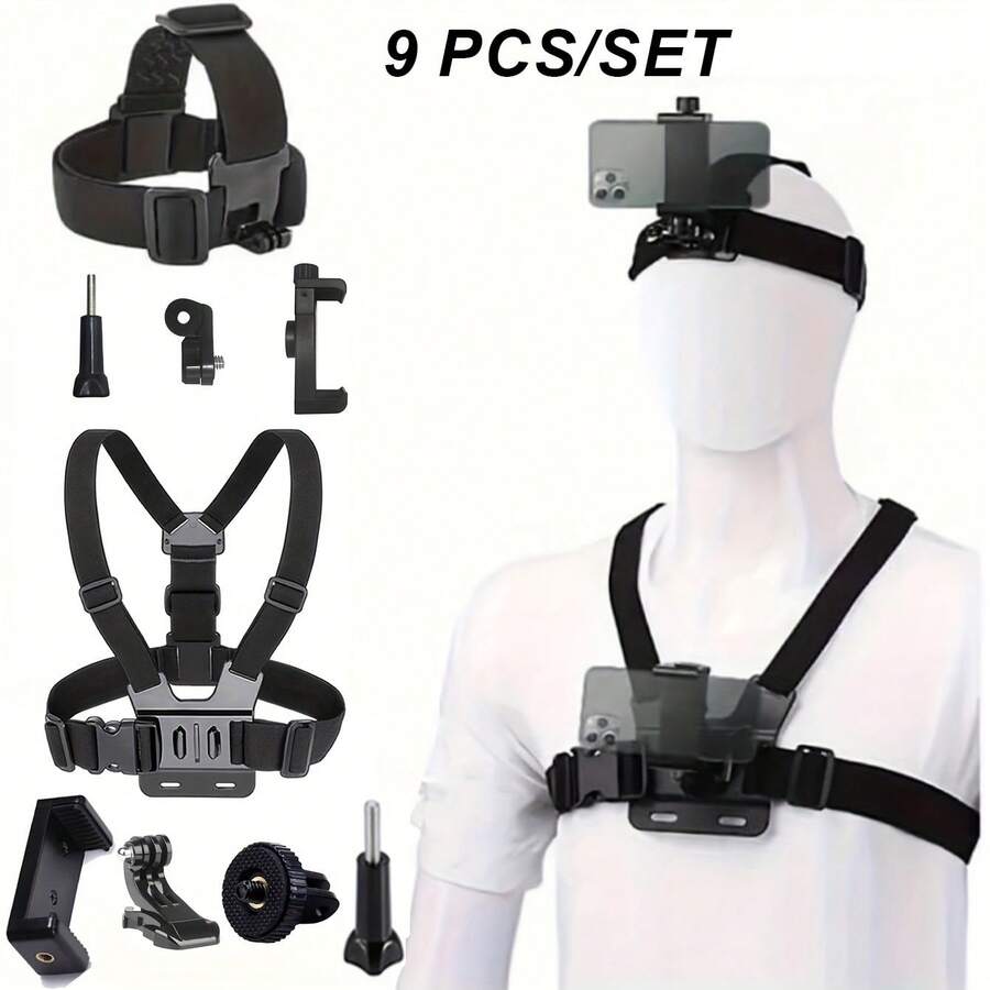 50pcs/9pcs/4pcs/2pcs Universal Head & Chest Mount Holder, Adjustable Phone & Camera Strap Clip, Suitable For POV Vlogging Live Streaming, Compatible With Smartphones, Action Cameras, Outdoor Sports Filming & Recording Accessories For Travel, Fishing, Cycling, Skiing, Skateboarding And More