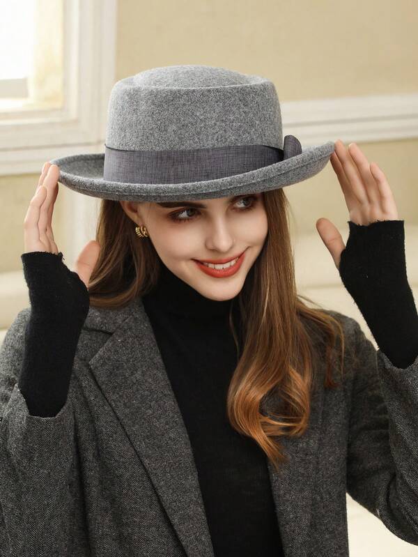 1 pezzo Cappello a bombetta autunno/inverno, cappello a tesa piatta stile britannico, cappello fedora stile coreano da gentiluomo, cappello da donna in lana a tesa larga