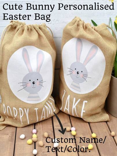 Personalised Name/Text Cute Easter Bunny Jute Sack, Personalised Easter Bag, Storage Bag, Easter Egg Hunt Gift Bag, Easter Egg Hunt Bags, Easter Baskets Gift Bags Reusable Non-Woven Tote Bags For Easter Holiday Spring Party Supplies, Rabbit Easter Bag Cookie Gift Bag Treat Bag For Gift Party Supplies Easter Drawstring Bag For Candy Easter Gift Bags
