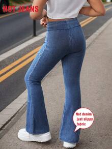 女童牛仔印花弹力腰喇叭裤，时尚休闲透气，百搭实用，适合春夏外出和旅行 - 藍色 - 查看 2