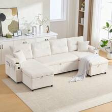 Modern 4-Personen-Samtsofa Mit Beidseitigen Chaiselongues, Integrated Stauraum, Getränkehaltern, USB-Anschlüssen Und Ausziehbarer Schlaffunktion – Style Für Jedes Wohnzimmer.Beige - Beige + Corduroy + Foam + 4 Seat - View 7