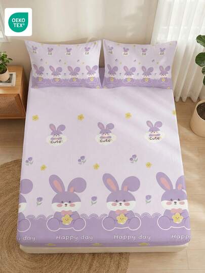 1 Stück Spannbetttuch, Bettwäsche, Matratzenschoner, Bettüberwurf, Bettlaken, Heimdekoration, gemütliche Heimtextilien, Cartoon süßer lila Kaninchen Muster Spannbetttuch, atmungsaktiv und pillingresistenter Matratzenschoner, weich und hautfreundlich, weiche und bequeme Bettwäsche für das Schlafzimmer, modischer Matratzenbezug