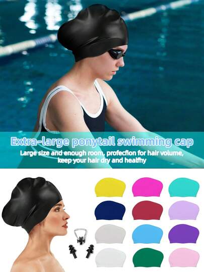 Unisex Extra Large Swim Cap, Ponytail Design, Suitable For Long & Thick Curly Hair, Braids, Dreadlocks, Mohawk, Silicone Material, Keeps Hair Dry, Beach Essential, Beach Accessory, Pool Floater