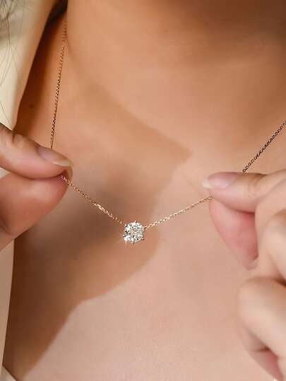 1pc S925 Sterling Silver Round Zirconia Stone Pendant Necklace, Women's Versatile Single Diamond Clavicle Chain, Six-Claw Zirconia Pure Silver Necklace Gift
