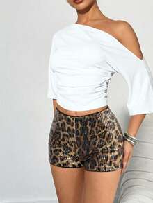 Quần short sequin họa tiết da báo GLOpass, thiết kế ôm sát cơ thể, quần short bó sát gợi cảm giúp thon gọn vóc dáng, thích hợp cho kỳ nghỉ hè của phụ nữ. - Cà phê nâu - Xem 7