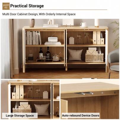 Mueble Buffet de Madera Natural de 58 Pulgadas con Diseño de Lateral Estriado, 4 Puertas, Estantes Ajustables - Mesa Consola Estilo Barra de Café para Cocina, Comedor y Salas