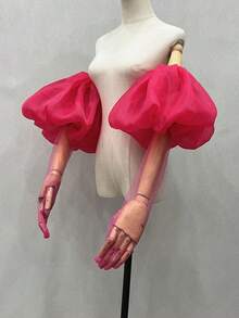 1 Set White Organza Puff Sleeve Bridal Arm Sleeves + Gloves - Multicolor - View 9