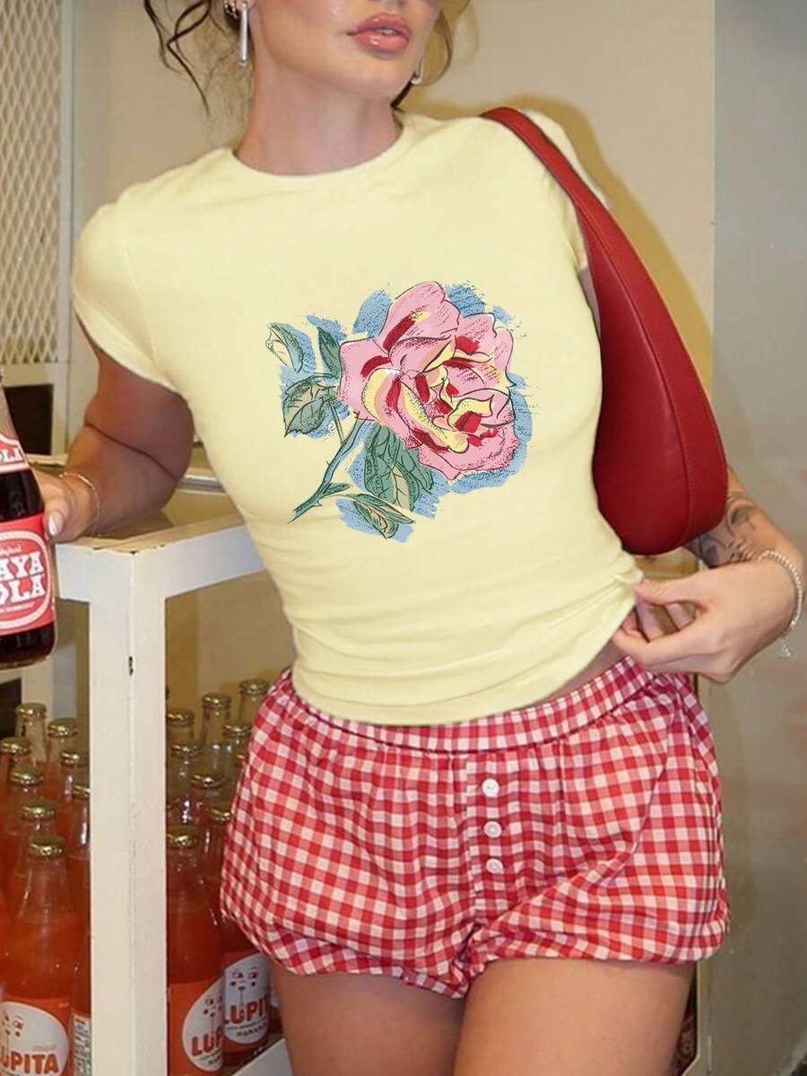 Summer New Simple Fashion Artistic Hand-Painted Pink Rose Print Casual Round Neck Short Sleeve Waist T-Shirt, Versatile & Fashionable Women Top - Yellow - View 1