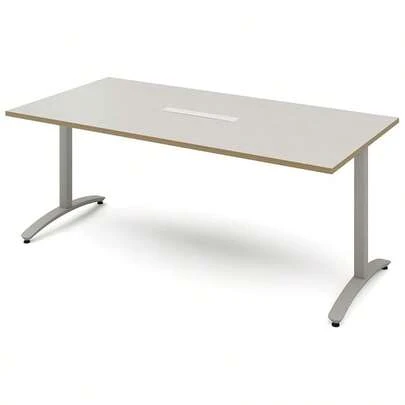 プラスガレージ ロナ 787835 会議テーブル 長方形T字脚 配線口付き 1800×900mm 天板 アイボリー木目 脚 ペールグレー