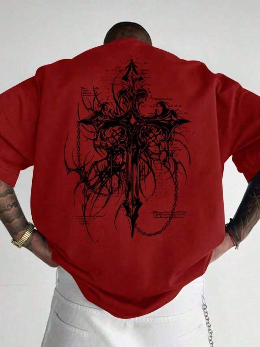 HAFIME Men's T-Shirt With "Gothic Cross" Print, Unisex Men's Shirt, 100% Cotton, Top Premium Streetwear, New Release, Gothic Style - 紅色 - 查看 1