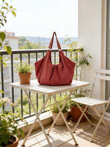 Large Capacity Plaid Pattern Shoulder Bag, Zipper Closure Burgundy Ladies Crossbody Bag, Casual Versatile Tote Bag, Suitable For Work, Study, Travel - Redwood - View 7