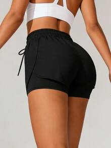 女士户外二合一短裤，纯色简约休闲抽绳设计，适合户外露营、跑步 - 黑色 - 查看 7