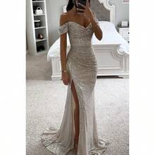 Women's Polyester Sexy Fine Flash Split Ball Dress Sequined Dress New Product,Conjuntos De Mujer Elegantes - 銀色 - 查看 1