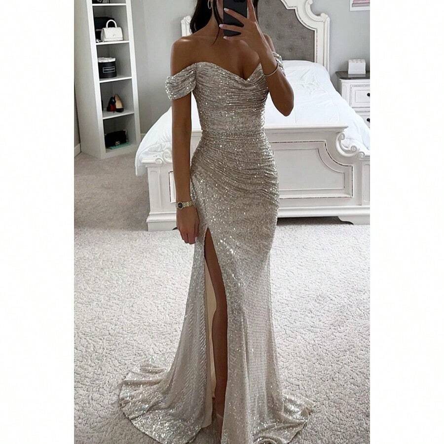 Women's Polyester Sexy Fine Flash Split Ball Dress Sequined Dress New Product,Conjuntos De Mujer Elegantes - 銀色 - 查看 1