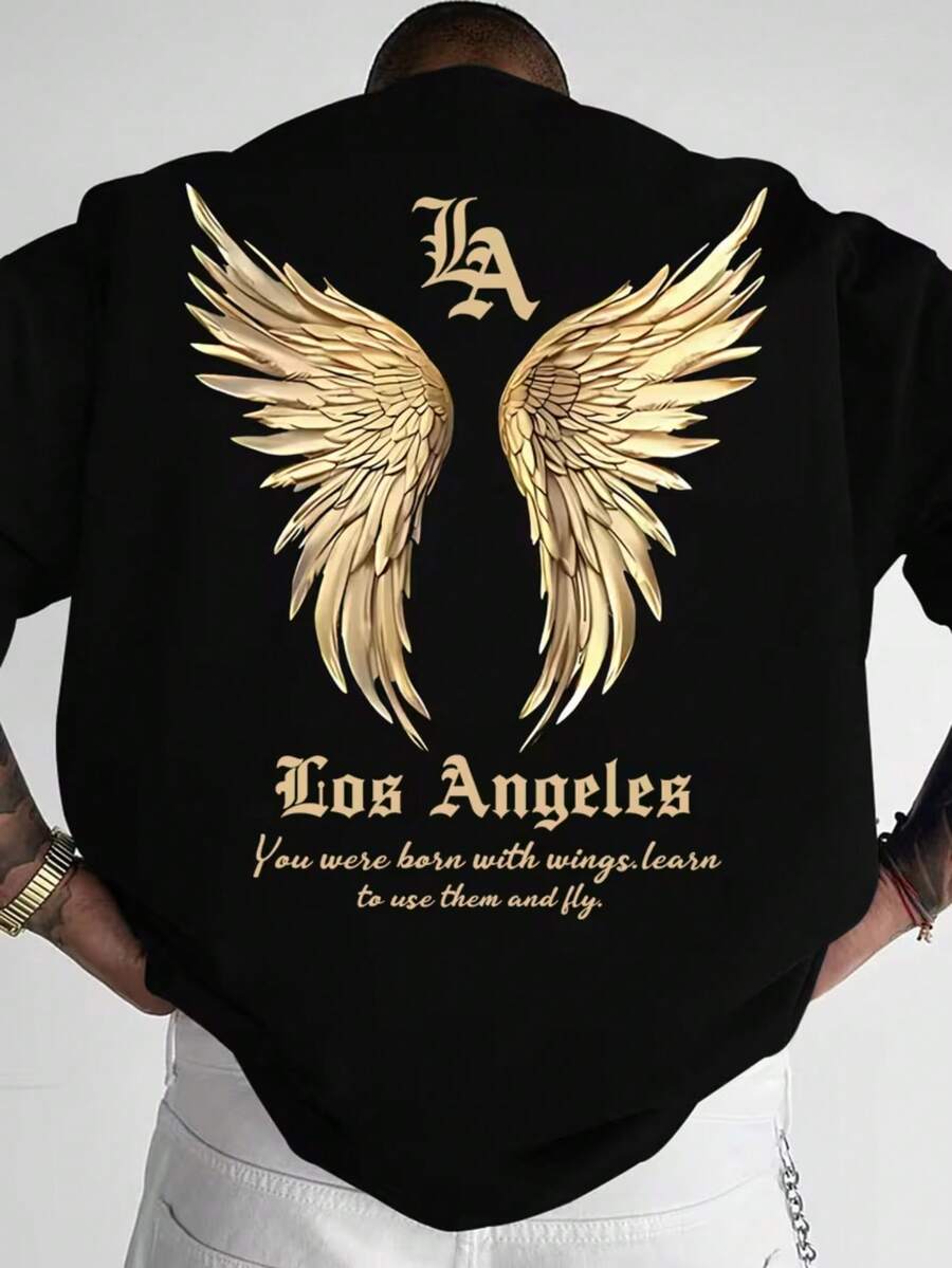 LA Golden Wings T-Shirt Unisex Men's And Women's Blouse 100% Cotton Premium Top Streetwear New Release Immediate Shipping Various Colors!! Plus Size - 黑色 - 查看 1