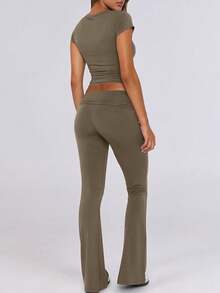 Lounge Sets For Women 2 Piece Foldover Yoga Flare Leggings Pants Crop Tops Casual Y2K Outfits Matching Tracksuit Set - 咖啡灰 - 查看 2