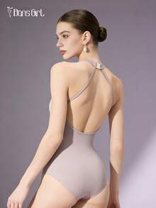 DonsGirl 1pc Women's French Ballet Leotard - Off-Shoulder Neckline With Elastic Mesh Splice, Elegant Dance Performance Outfit - Dusty Purple - View 6