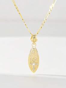 1pc European & American Classic Copper Inlaid Zirconia Leaf Shaped Guadalupe Virgin Mary Cross Pendant Necklace, Limited Edition, Suitable For Christmas/Thanksgiving/Halloween/Mother's/Valentine's Day Gifts For Couples/Friends/Godparents, Catholic First Communion, Gifts, Daily & Holiday Wear Prayer - Yellow Gold - View 3