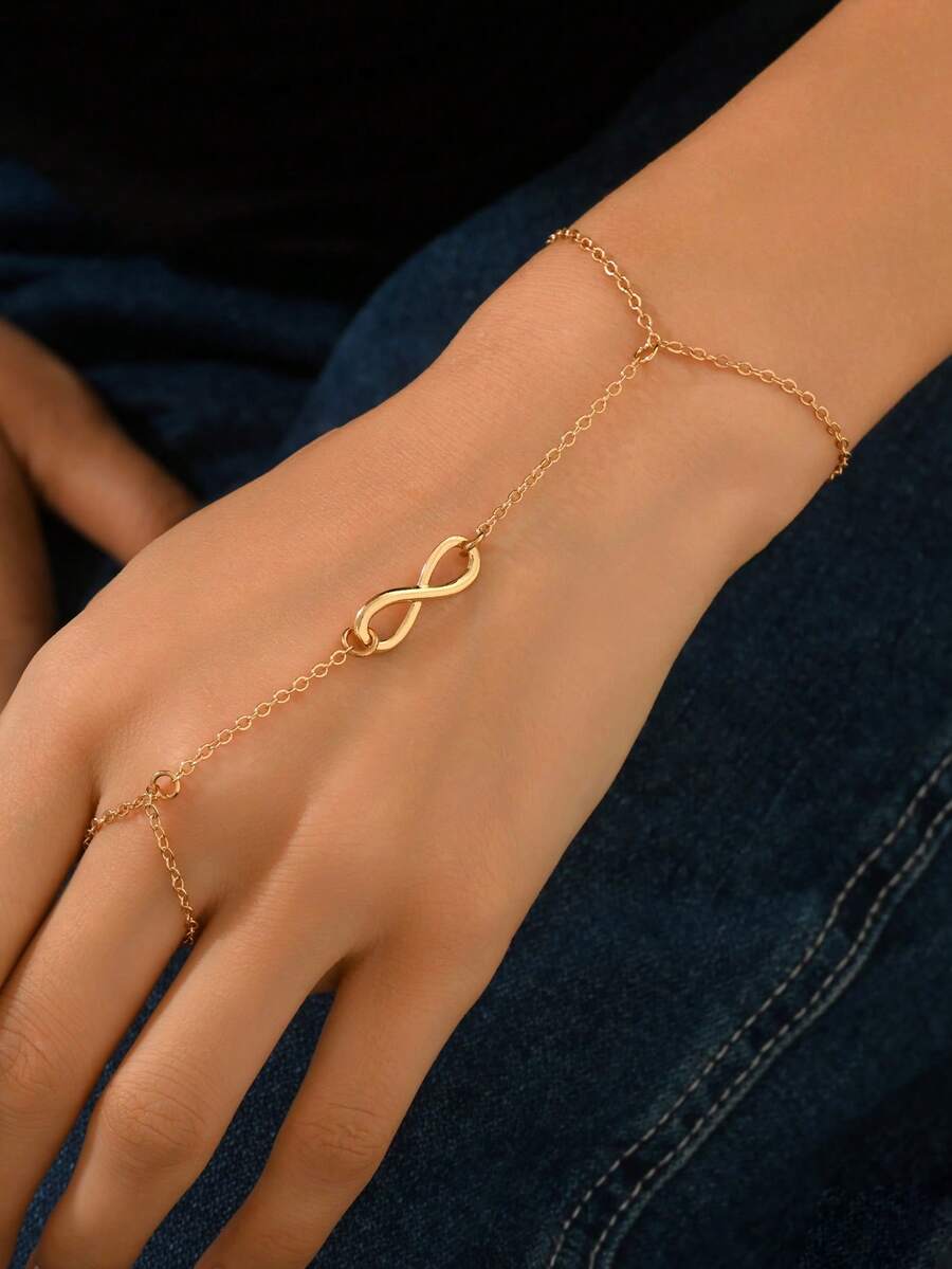 1 buah Gelang Rantai Jari Minimalis Warna Emas dengan Dekorasi Simbol Tak Terhingga yang Dapat Diatur, Perhiasan Fashion Serbaguna Cocok untuk Pemakaian Sehari-hari, Pesta, Belanja, Kencan - Emas - View 1