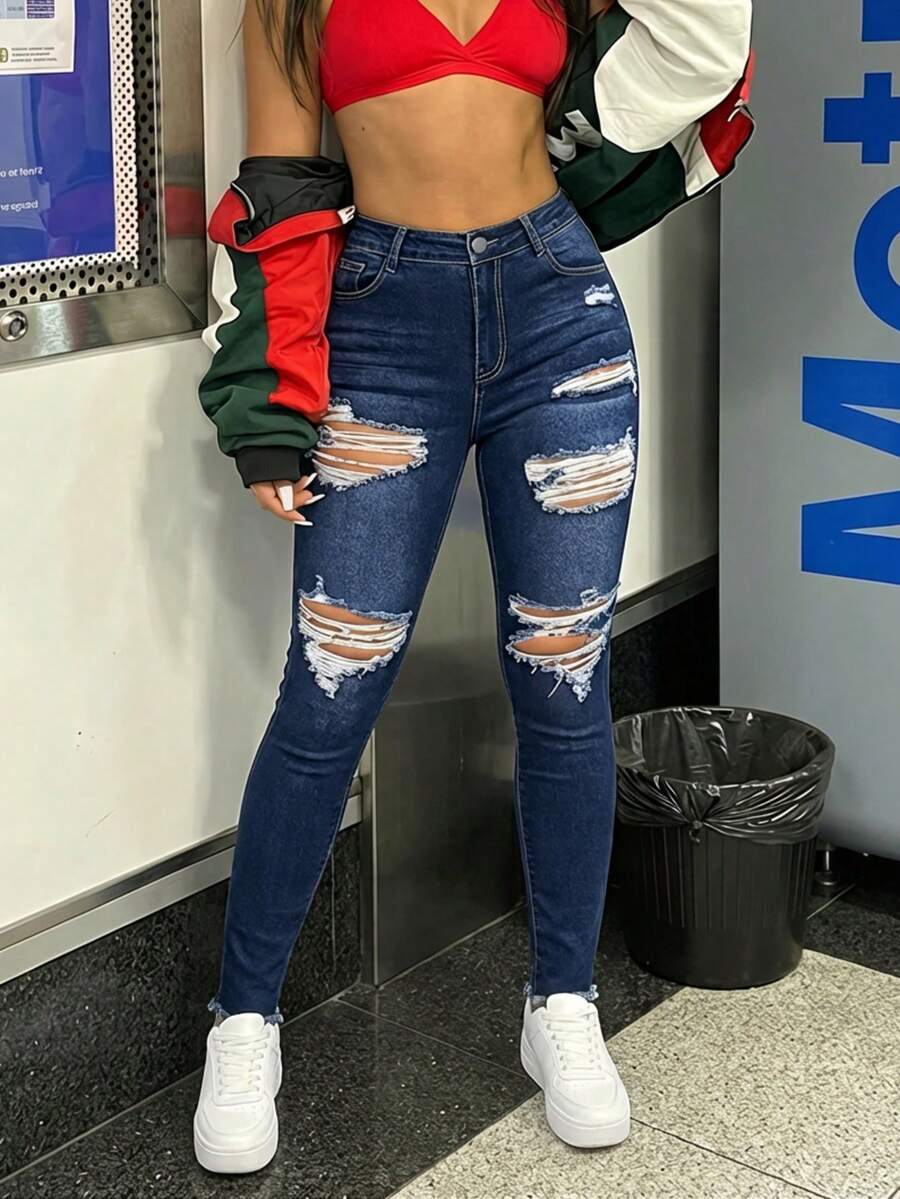 High Waist Distressed Washed Denim Skinny Jeans, Stretchy Fabric, High Waisted Ripped Jeans, Fashionable Streetwear Style, Slimming - Blue - View 1