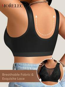 Morelect 大码女士无钢圈蕾丝拼接文胸，宽肩带 - 黑色 - 查看 2