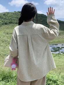 女士格子翻领单排扣休闲百搭通勤长袖衬衫 - 米色 - 查看 11