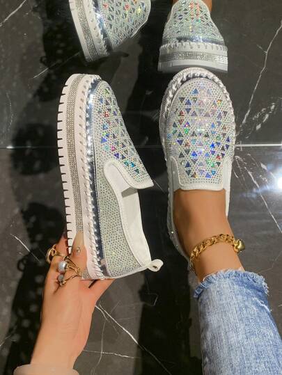 Plus Size Women Rhinestone Slip-On Loafers, Breathable Flat Casual Slouchy Shoes For Summer