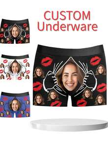 1 Pc Custom Men's Boxer Briefs, Personalized Face Customization, Printed With Christmas Elements Such As Snowflakes And Christmas Trees, As Well As Customizable Character Patterns. Personalized Photo Men's Boxer Shorts, Sweet And Romantic Long Men's Underwear, A Gift For Your Beloved, Anniversary Gift, Wedding Gift, Couple Gift, Best Friend Gift, Boyfriend/Husband/His Gift - 黑色 - 查看 1