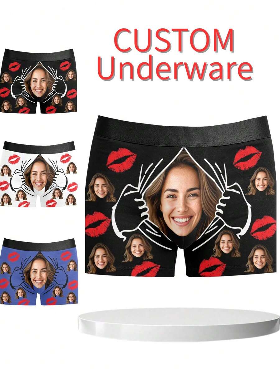 1 Pc Custom Men's Boxer Briefs, Personalized Face Customization, Printed With Christmas Elements Such As Snowflakes And Christmas Trees, As Well As Customizable Character Patterns. Personalized Photo Men's Boxer Shorts, Sweet And Romantic Long Men's Underwear, A Gift For Your Beloved, Anniversary Gift, Wedding Gift, Couple Gift, Best Friend Gift, Boyfriend/Husband/His Gift - 黑色 - 查看 1