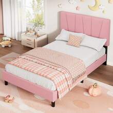 Base de Cama Plataforma con Cabecera Tapizada de Lino Ajustable, Soporte de Listones de Madera Resistentes, Sin Resorte de Caja Necesario y Montaje Fácil - Rosa-Gemelo - Ver 3