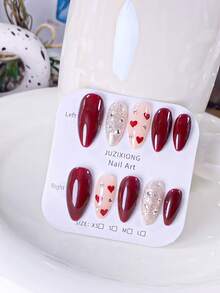 10-delat handgjort set med vinröda och hjärtformade diamanter för naglar (S/M/L): Vinröda enfärgade med hudfärgad rosa bas, hjärtmönster och diamantaccenter, söt-elegant och delikat stil, glansig lyxig textur, passar dejter, högtidssammankomster, återanvändbar, hudfärgad rosa bas med rosa toning och vinröda franska detaljer, söt-elegant och delikat stil, glansig och fin textur - Röd - Visa 10