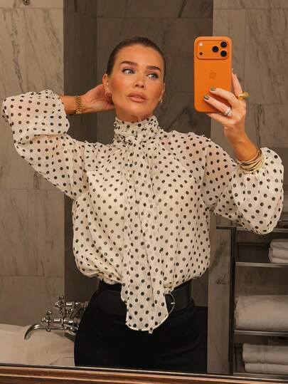 HH Women Blouse Vintage Polka Dot Printed Casual Tops Fashion Bow Elegant Loose Long Sleeve Commuting Shirts Ladies