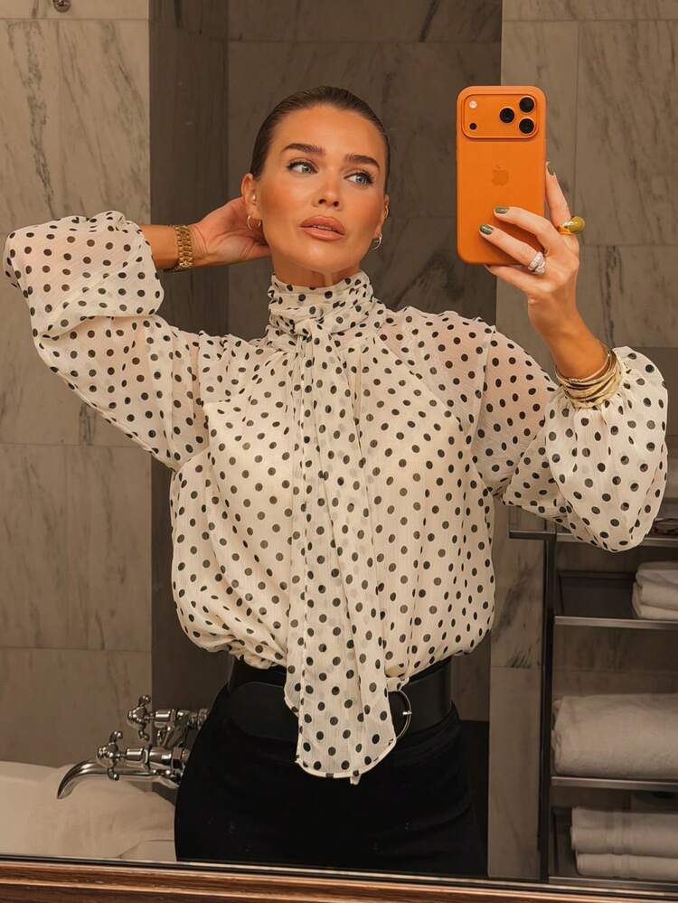 HH Blusa casual de mujer con estampado de lunares retro, blusa elegante y suelta de manga larga con lazo, para trabajo, color blanco, primavera - Blanco - Ver 9