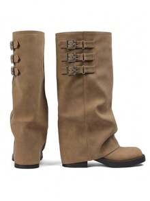 Fashion Womens Knee High Boots Round Toe Buckle Straps Slouchy Chunky Heel Boots Party Office Daily Outdoors Fall Winter Dressy Boots - 棕色絨面 - 查看 9