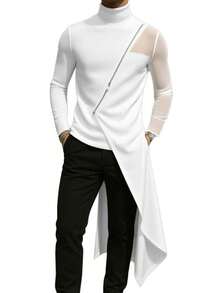 INCERUN Mens High Neck Long Sleeve Mesh Sheer Patchwork Asymmetrical Hem Blouse Shirt Tops Party Club Slim Fit T-Shirt - trắng - Xem 2