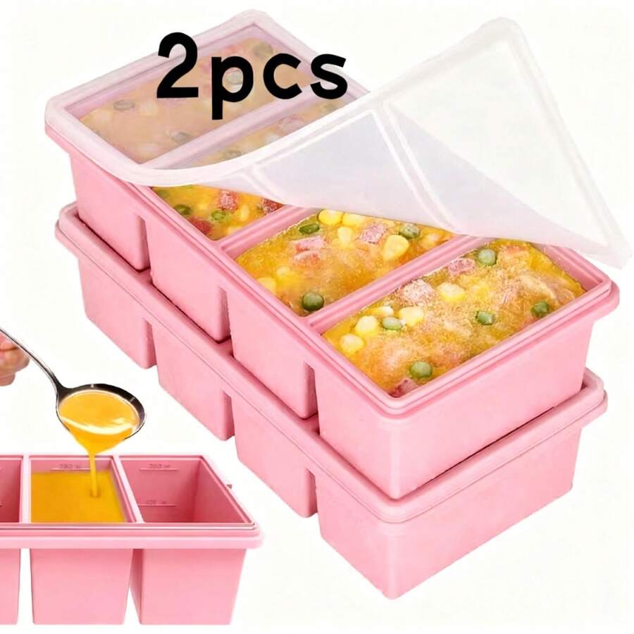 2pcs Silicone Freezer Trays With Lids, 1-Cup Soup Container Style Ice Cube Trays For Freezer - Leakproof, Dishwasher,  Stackable, Ideal For Frozen Broth, Leftovers & Meal Prep - Hồng - Xem 1