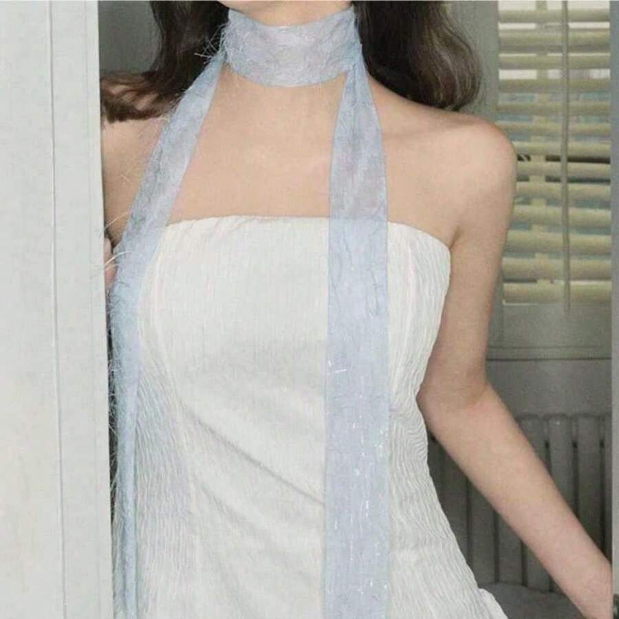 1pc Sweet Style In Spring And Summer: Blue Quicksand Long Silk Scarf For Women With A Sense Of Relaxation; Long Ribbon Tied With Multi-Function Quicksand Silk Scarf; Light And Light Daily Wear With Accessories. - 藍色蕾絲絲巾-1件 - 查看 1