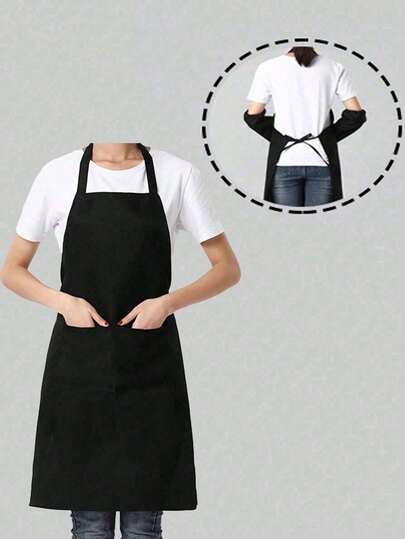 1/3/5pcs Polyester Apron For Women, Minimalist Black With Pocket, Thickened Waist Apron, Fashionable Housework Kitchen Home Clothing, Kitchen Supplies